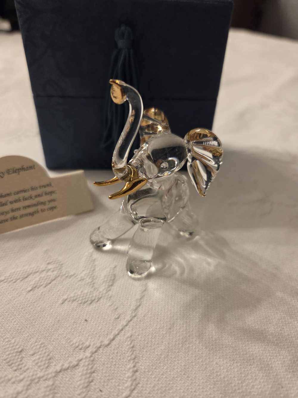 Glass Lucky Elephant  with gold accents in presentation box
